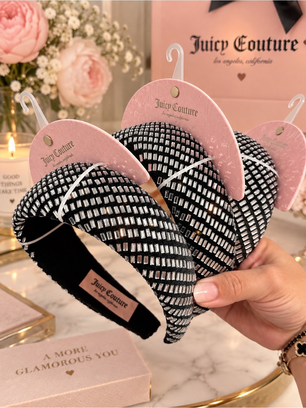 Juicy Couture Black Crystal Grid Padded Headband